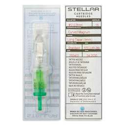 Peak Stellar Curved Magnum Long Taper Tattoo Needle Cartridges - #12, 15 Needles, Pkg of 20, front and back of packaging