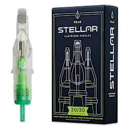 Peak Stellar Curved Magnum Long Taper Tattoo Needle Cartridges - #12, 15 Needles, Pkg of 20, needle and packaging