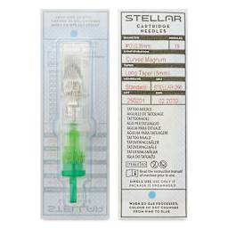 Peak Stellar Curved Magnum Long Taper Tattoo Needle Cartridges - #12, 19 Needles, Pkg of 20, front and back of packaging