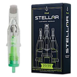 Peak Stellar Curved Magnum Long Taper Tattoo Needle Cartridges - #12, 19 Needles, Pkg of 20, needle and packaging