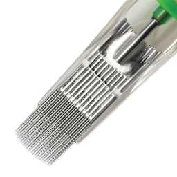 Peak Stellar Curved Magnum Long Taper Tattoo Needle Cartridges - #12, 23 Needles, Pkg of 20, close-up of needle