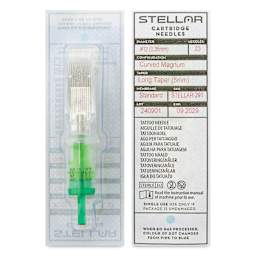 Peak Stellar Curved Magnum Long Taper Tattoo Needle Cartridges - #12, 23 Needles, Pkg of 20, front and back of packaging