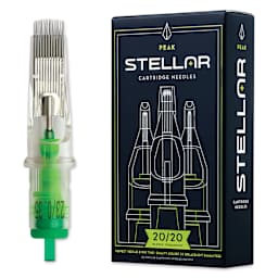 Peak Stellar Curved Magnum Long Taper Tattoo Needle Cartridges - #12, 23 Needles, Pkg of 20, needle and packaging