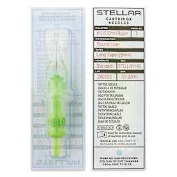 Peak Stellar Round Liner Long Taper Tattoo Needle Cartridges - #10, 3 Needles, Pkg of 20, front and back of packaging