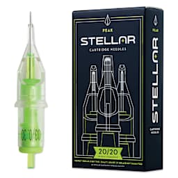Peak Stellar Round Liner Long Taper Tattoo Needle Cartridges - #10, 3 Needles, Pkg of 20, needle and packaging
