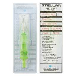 Peak Stellar Round Liner Long Taper Tattoo Needle Cartridges - #10, 7 Needles, Pkg of 20, front and back of packaging