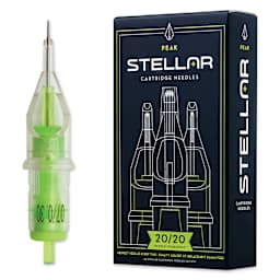 Peak Stellar Round Liner Long Taper Tattoo Needle Cartridges - #10, 7 Needles, Pkg of 20, needle and packaging