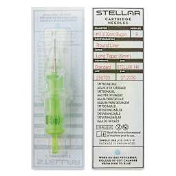 Peak Stellar Tattoo Needle Cartridges - #10 Bugpin (0.30 mm), 9 Round Liner, Long Taper (5 mm), Pkg of 20, front and back of packaging