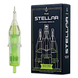 Peak Stellar Tattoo Needle Cartridges - #10 Bugpin (0.30 mm), 9 Round Liner, Long Taper (5 mm), Pkg of 20, needle and packaging