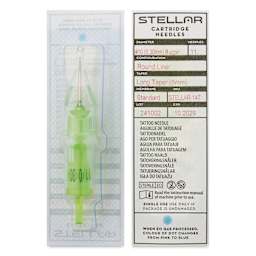 Peak Stellar Round Liner Long Taper Tattoo Needle Cartridges - #10, 11 Needles, Pkg of 20, front and back of packaging