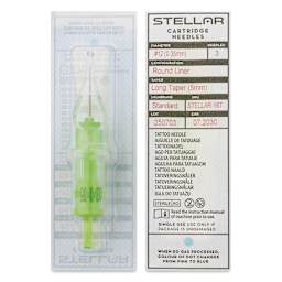 Peak Stellar Round Liner Long Taper Tattoo Needle Cartridges - #12, 3 Needles, Pkg of 20, front and back of packaging