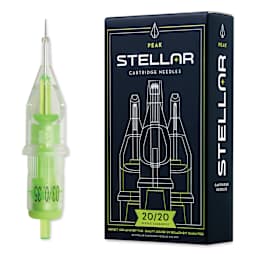 Peak Stellar Round Liner Long Taper Tattoo Needle Cartridges - #12, 3 Needles, Pkg of 20, needle and packaging