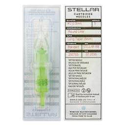 Peak Stellar Round Liner Long Taper Tattoo Needle Cartridges - #12, 5 Needles, Pkg of 20, front and back of packaging