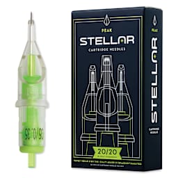 Peak Stellar Round Liner Long Taper Tattoo Needle Cartridges - #12, 5 Needles, Pkg of 20, needle and packaging