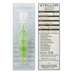 Peak Stellar Round Liner Long Taper Tattoo Needle Cartridges - #12, 7 Needles, Pkg of 20, front and back of packaging