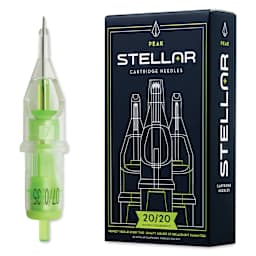 Peak Stellar Round Liner Long Taper Tattoo Needle Cartridges - #12, 7 Needles, Pkg of 20, needle and packaging