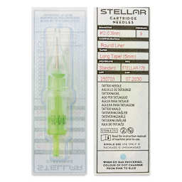 Peak Stellar Round Liner Long Taper Tattoo Needle Cartridges - #12, 9 Needles, Pkg of 20, front and back of packaging