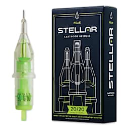 Peak Stellar Round Liner Long Taper Tattoo Needle Cartridges - #12, 9 Needles, Pkg of 20, needle and packaging