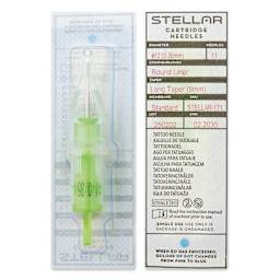Peak Stellar Round Liner Long Taper Tattoo Needle Cartridges - #12, 11 Needles, Pkg of 20, front and back of packaging