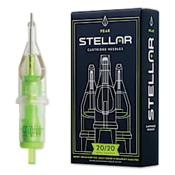 Peak Stellar Round Liner Long Taper Tattoo Needle Cartridges - #12, 11 Needles, Pkg of 20, needle and packaging