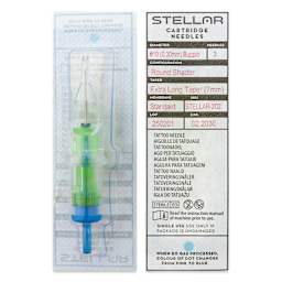 Peak Stellar Round Shader Extra Long Taper Tattoo Needle Cartridges - #10, 3 Needles, Pkg of 20, front and back of packaging
