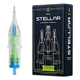 Peak Stellar Round Shader Extra Long Taper Tattoo Needle Cartridges - #10, 7 Needles, Pkg of 20, needle and packaging