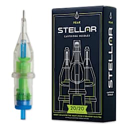 Peak Stellar Round Shader Extra Long Taper Tattoo Needle Cartridges - #10, 9 Needles, Pkg of 20, needle and packaging