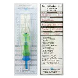 Peak Stellar Round Shader Extra Long Taper Tattoo Needle Cartridges - #12, 3 Needles, Pkg of 20, front and back of packaging