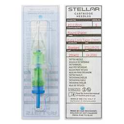 Peak Stellar Round Shader Extra Long Taper Tattoo Needle Cartridges - #12, 5 Needles, Pkg of 20, front and back of packaging