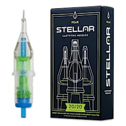 Peak Stellar Round Shader Extra Long Taper Tattoo Needle Cartridges - #12, 5 Needles, Pkg of 20, needle and packaging