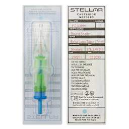 Peak Stellar Round Shader Extra Long Taper Tattoo Needle Cartridges - #12, 7 Needles, Pkg of 20, front and back of packaging