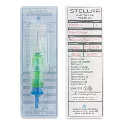 Peak Stellar Round Shader Extra Long Taper Tattoo Needle Cartridges - #12, 9 Needles, Pkg of 20, front and back of packaging