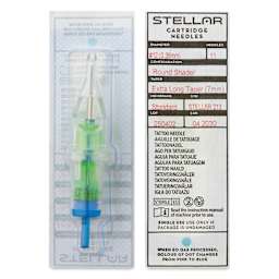 Peak Stellar Round Shader Extra Long Taper Tattoo Needle Cartridges - #12, 11 Needles, Pkg of 20, front and back of packaging