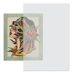 Saferly Tattoo Stencil Sheets - 8-1/2" x 11", Clear, Pkg of 200, sheet over printed artwork