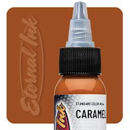 Eternal Ink Tattoo Ink - Caramel, 1 oz bottle and swatch