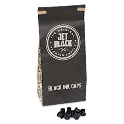 TatSoul Jet Black Ink Caps - 10 mm, Pkg of 500, front of packaging with several caps out of package