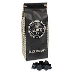 TatSoul Jet Black Ink Caps - 20 mm, Pkg of 500, front of packaging with several caps out of package