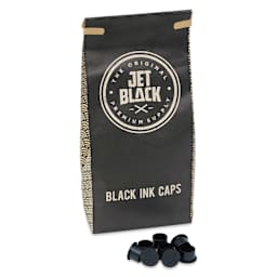 TatSoul Jet Black Ink Caps - 15 mm, Pkg of 500, front of packaging with several caps out of package