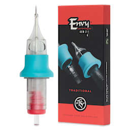 TatSoul Envy Gen 2 Traditional Round Liner Long Taper Tattoo Needle Cartridges - #12, 5 Needles, Pkg of 10, needle and packaging