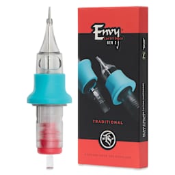 TatSoul Envy Gen 2 Traditional Round Liner Long Taper Tattoo Needle Cartridges - #12, 7 Needles, Pkg of 10, needle and packaging