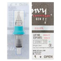TatSoul Envy Gen 2 Standard Round Liner Long Taper Tattoo Needle Cartridge - #12, 7 Needles, Pkg of 10, front and back of individual packaging