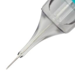 TatSoul Envy Gen 2 Standard Round Liner Long Taper Bugpin Tattoo Needle Cartridge  - #8, 3 Needles, Pkg of 10, close-up of needle