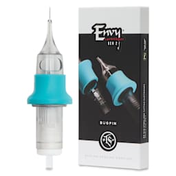 TatSoul Envy Gen 2 Standard Round Liner Long Taper Bugpin Tattoo Needle Cartridge  - #8, 3 Needles, Pkg of 10, needle and packaging
