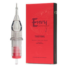 TatSoul Envy Traditional Round Liner Long Taper Tattoo Needle Cartridge - #12, 9 Needles, Pkg of 10, needle and packaging