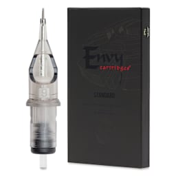 TatSoul Envy Standard Round Liner Long Taper Tattoo Needle Cartridge - #12, 9 Needles, Pkg of 10, needle and packaging