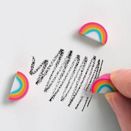 artPOP! Rainbow Mini Erasers (Three erasers, one in use, removing pencil marks)