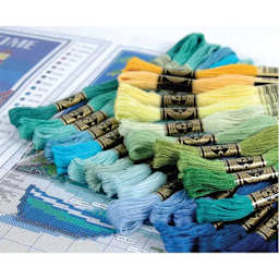 DMC Mouliné Special Collector’s Blue Tin Embroidery Floss - Set of 35, Scenic Colors close-up of contents