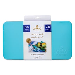 DMC Mouliné Special Collector’s Blue Tin Embroidery Floss - Set of 35, Scenic Colors front of packaging