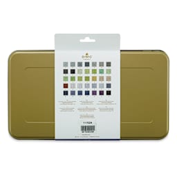DMC Mouliné Special Collector’s Matte Gold Tin Embroidery Floss - Set of 35, New Colors (Back of tin)