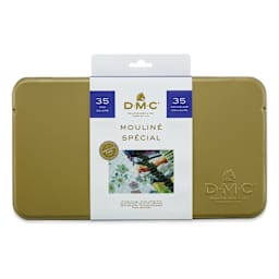 DMC Mouliné Special Collector’s Matte Gold Tin Embroidery Floss - Set of 35, New Colors (Front of tin)